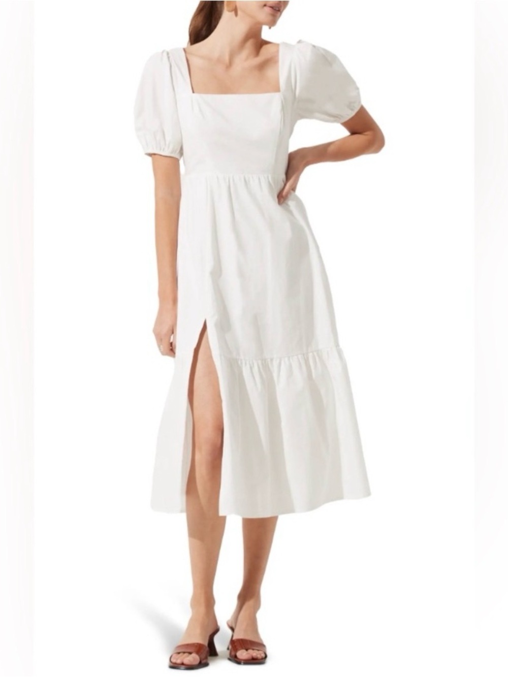 ASTR White Puff-Sleeve Square-Neck Midi Dress